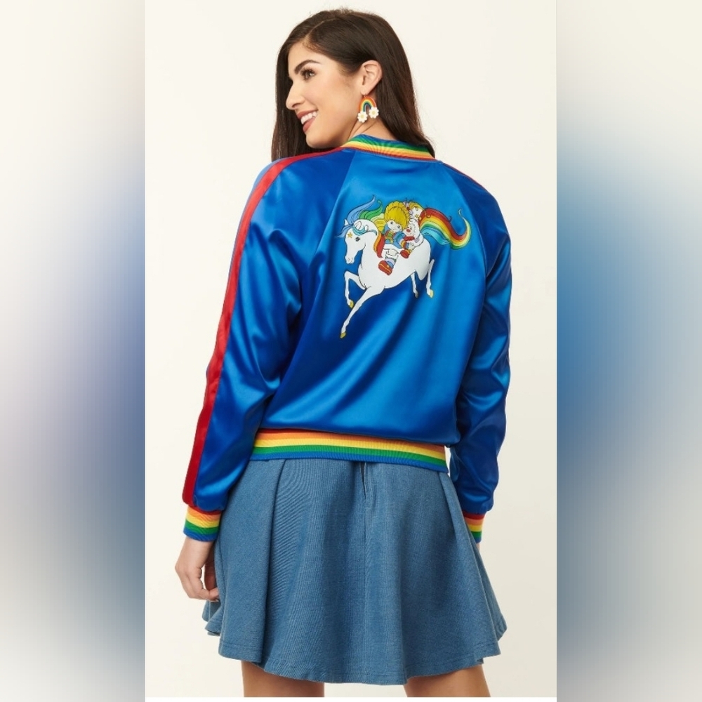 Unique Vintage X Rainbow Brite Royal Blue Satin Bomber Jacket NWT Size XS